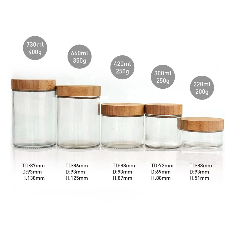 Eco Friendly 220ml 300ml 420ml 660ml 730ml Clear Storage Glass Jar with Bamboo Lid