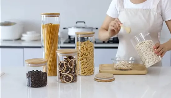 Glass Jar, Food Jar, Glass Food Storage Containers Glass Storage Jar with Airtight Bamboo Lids Kitchen Glass Canisters for Coffee, Flour, Sugar, Candy, Cookie